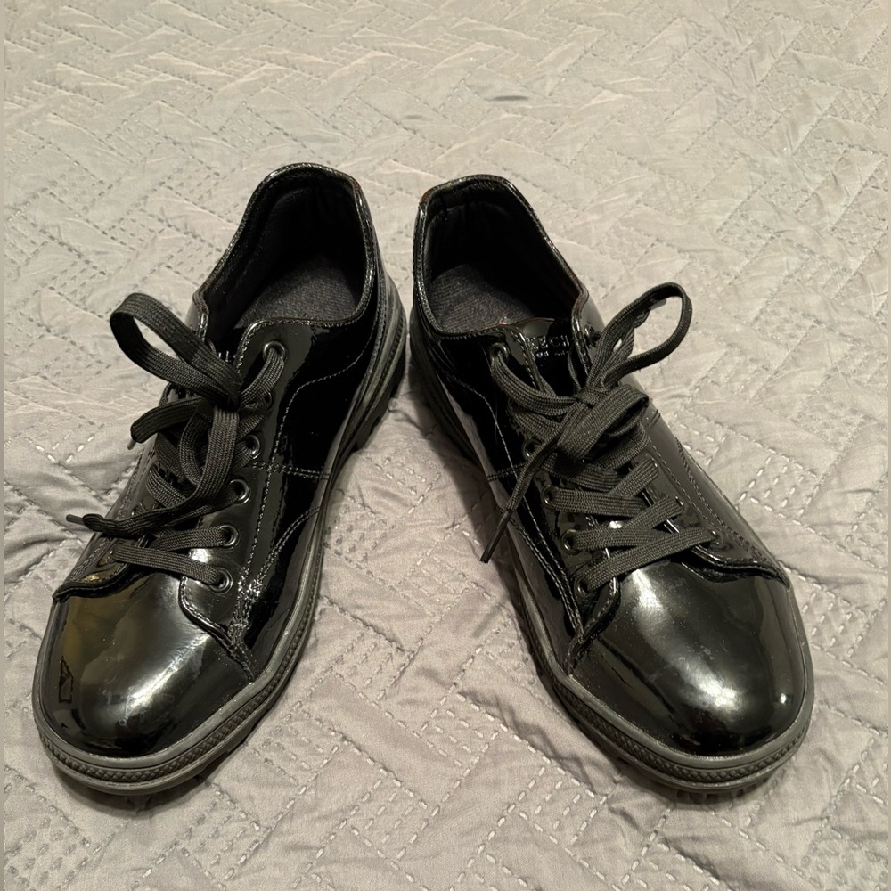 Women’s Skechers Street Roadies, black patent leather, size 8.